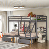 Full over Twin & Twin Bunk Bed,Triple Bunk Bed with Drawers, Gray - Home Elegance USA