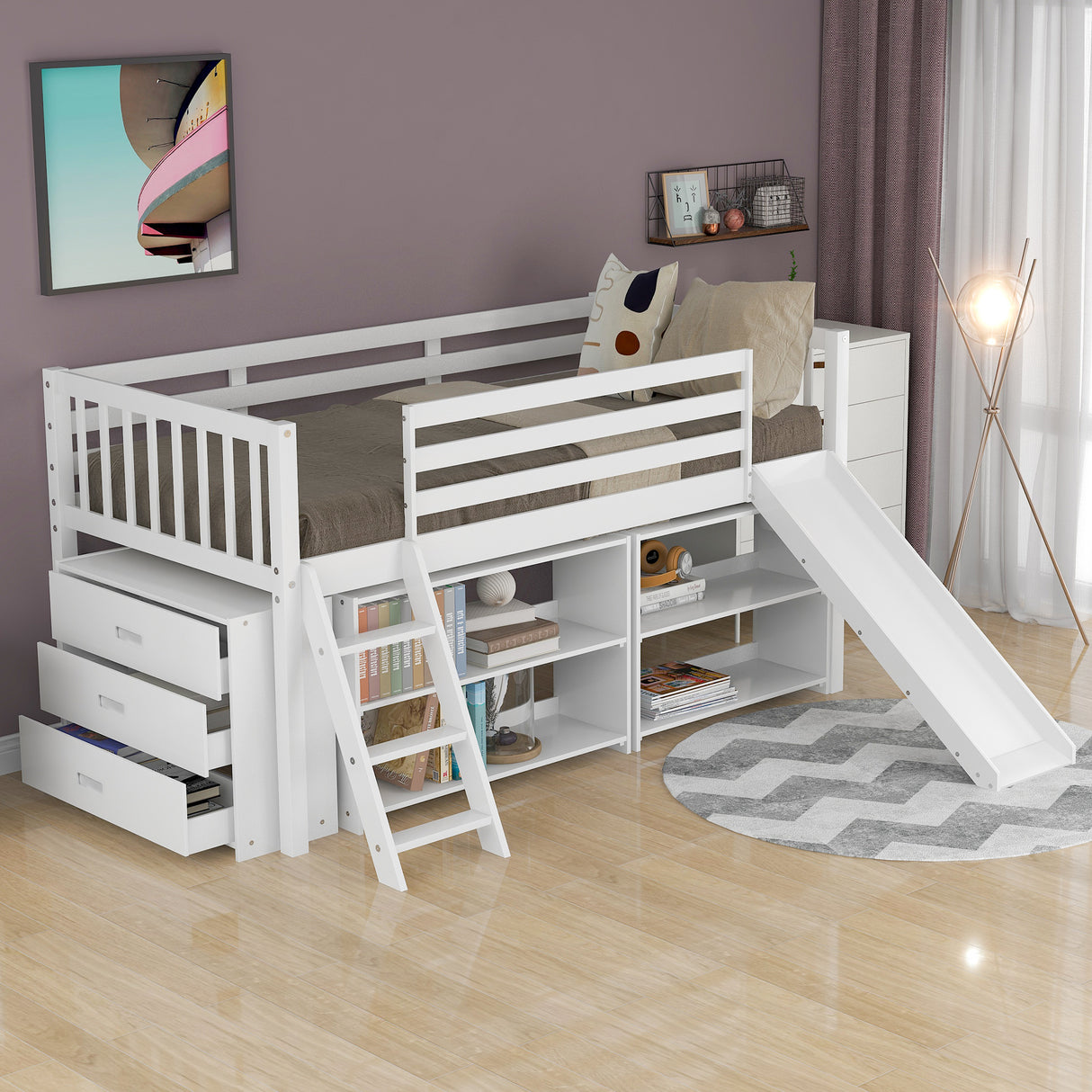 Low Loft Bed with Attached Bookcases and Separate 3-tier Drawers,Convertible Ladder and Slide,Twin,White - Home Elegance USA