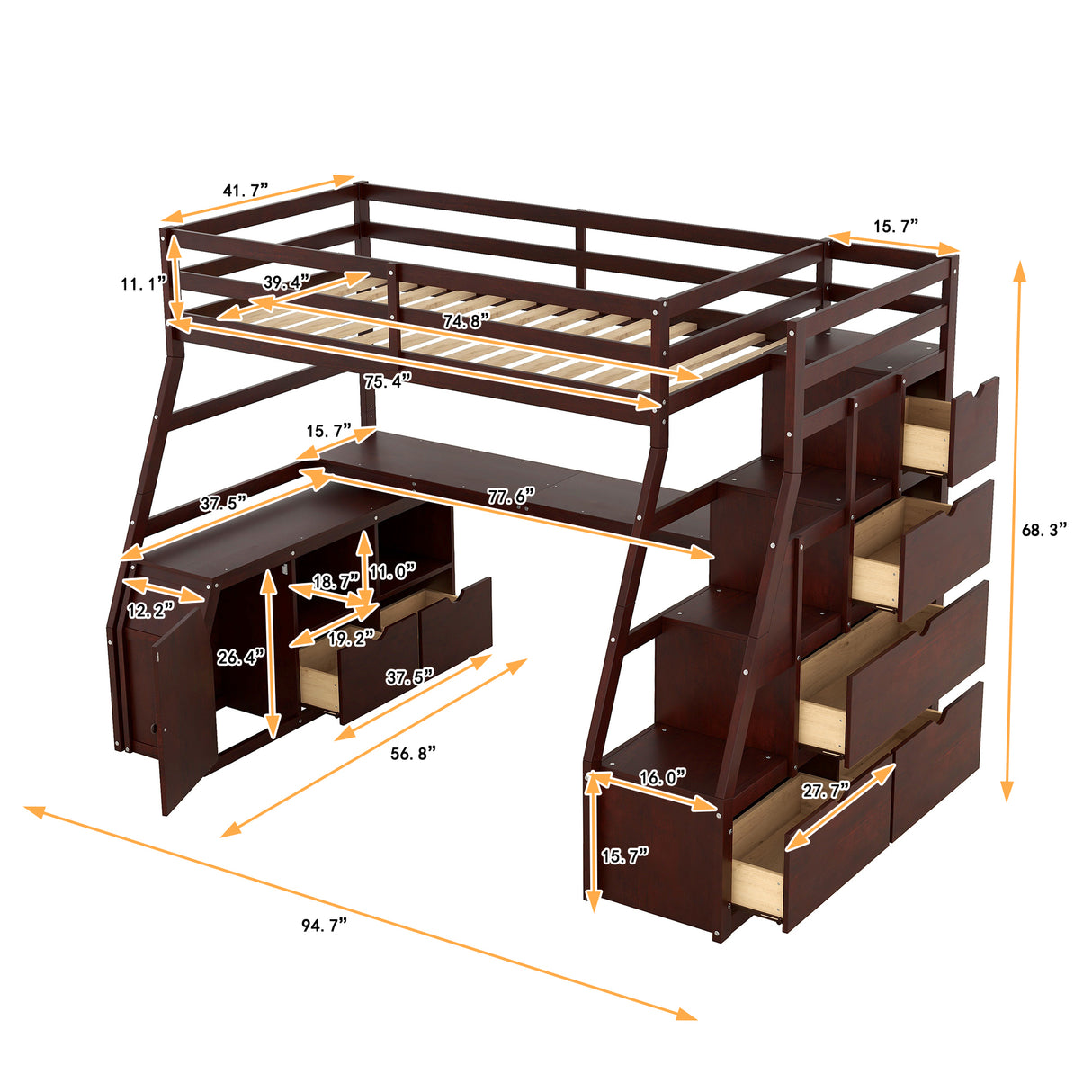 Twin Size Loft Bed with with 7 Drawers 2 Shelves and Desk - Espresso - Home Elegance USA