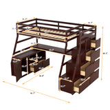 Twin Size Loft Bed with with 7 Drawers 2 Shelves and Desk - Espresso - Home Elegance USA