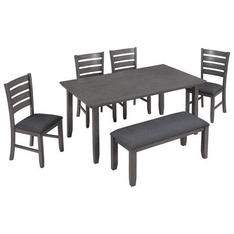 TREXM Dining Room Table and Chairs with Bench, Rustic Wood Dining Set, Set of 6 (Gray) - Home Elegance USA