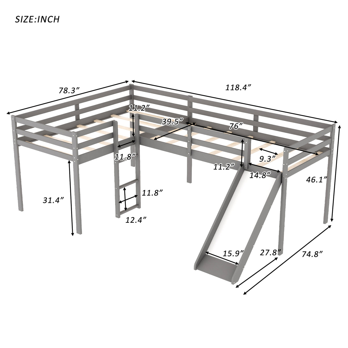 L-Shaped Twin Size Loft Bed with Ladder and Slide, Gray - Home Elegance USA