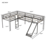 L-Shaped Twin Size Loft Bed with Ladder and Slide, Gray - Home Elegance USA