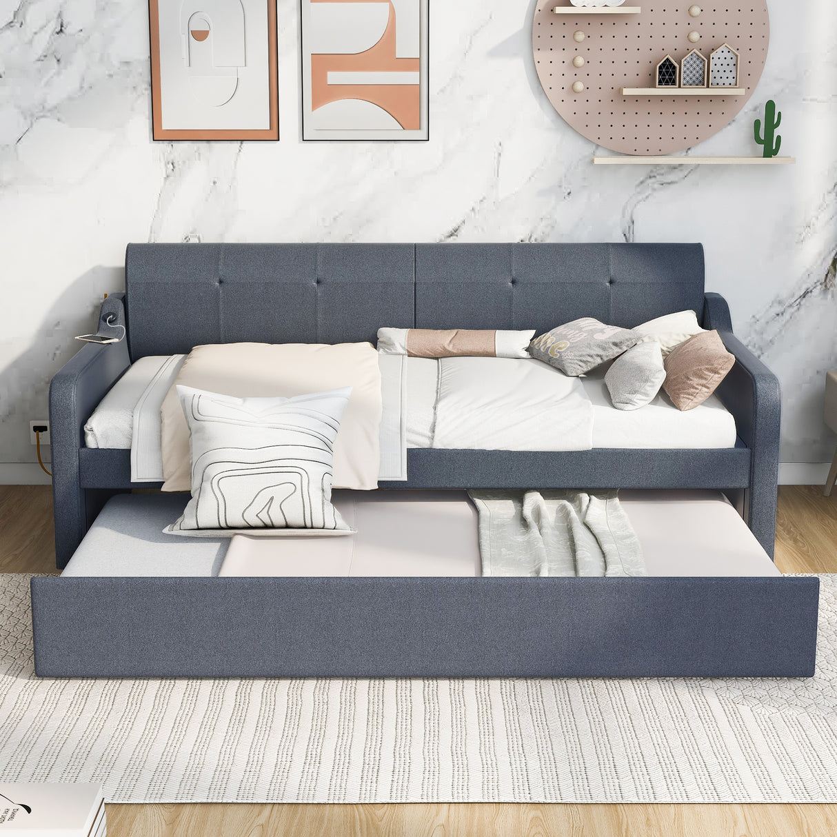 Twin Size Upholstery DayBed with Trundle and USB Charging Design,Trundle can be flat or erected,Gray - Home Elegance USA