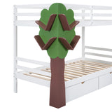 Twin-Over-Twin Bunk Bed with  a Tree Decor and Two Storage Drawers, White - Home Elegance USA