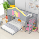 Twin over Full House Bunk Bed with Pink Staircase and Drawer,  Shelves Under the Staircase, House Shaped Bed with Windows, Gray - Home Elegance USA