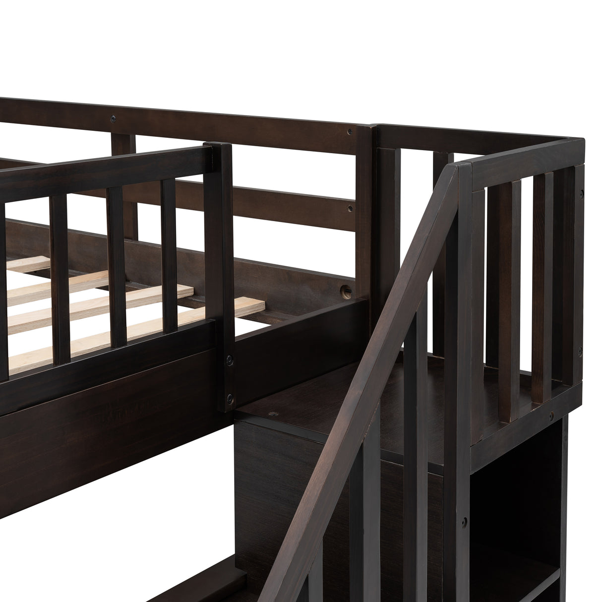 Stairway Full-Over-Full Bunk Bed with Drawer, Storage and Guard Rail for Bedroom, Espresso color( old sku: LP000310AAP ) - Home Elegance USA