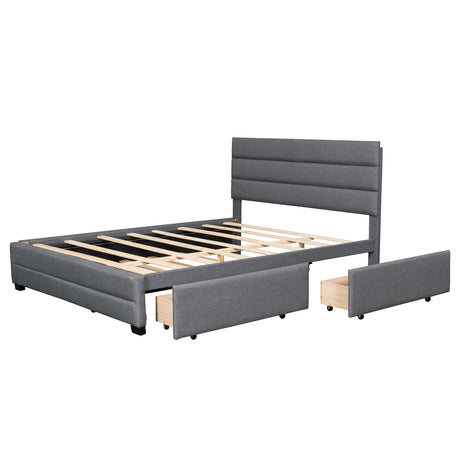 Queen Upholstered Platform Bed with Twin Size Trundle and Two Drawers,Grey - Home Elegance USA