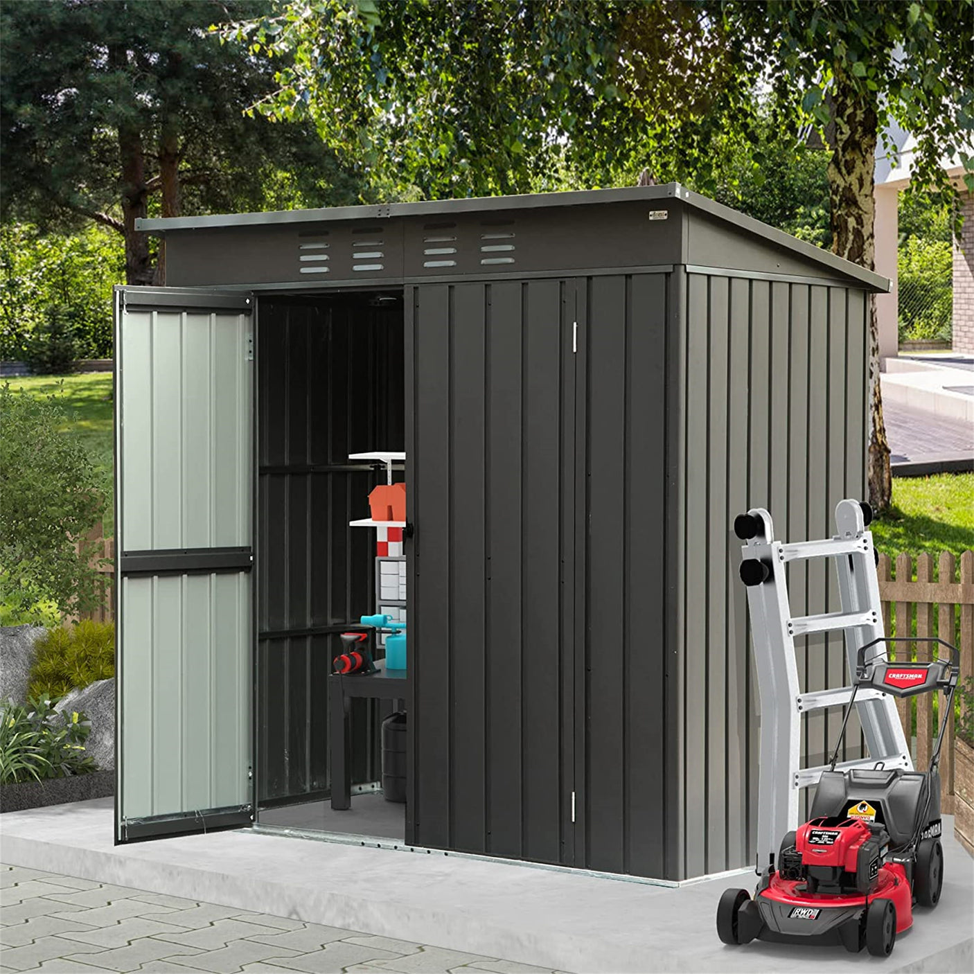 Backyard Storage Shed with Sloping Roof Galvanized Steel Frame Outdoor Garden Shed Metal Utility Tool Storage Room with Latches and Lockable Door (6.27x4.51ft, Black)