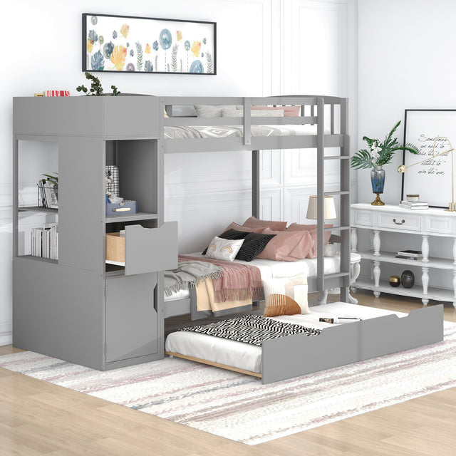 Twin Size Bunk Bed with Trundle and Attached Multifunctional Locker,Gray - Home Elegance USA
