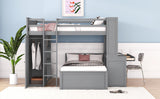 Full size Loft Bed with a twin size Stand-alone bed, Shelves,Desk,and Wardrobe-Gray - Home Elegance USA