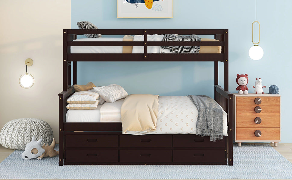 Twin-Over-Full Bunk Bed with Twin size Trundle , Separable Bunk Bed with Drawers for Bedroom - Espresso - Home Elegance USA