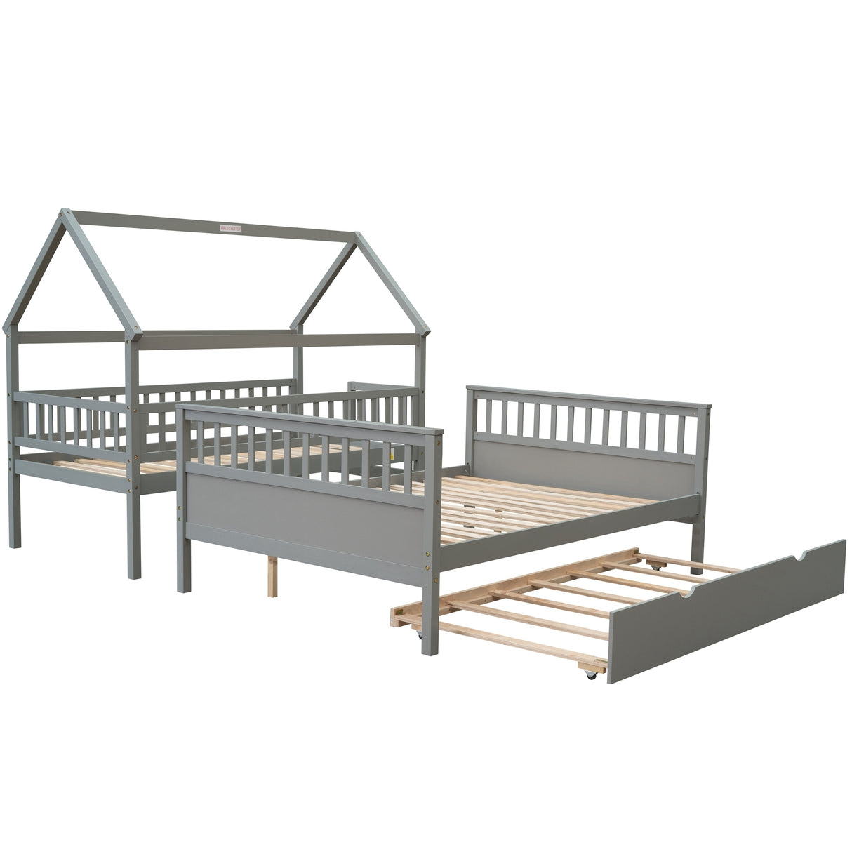 Twin over Full Size House Bunk Bed with Storage Staircase and Trundle,Full-Length Guardrail,Gray - Home Elegance USA