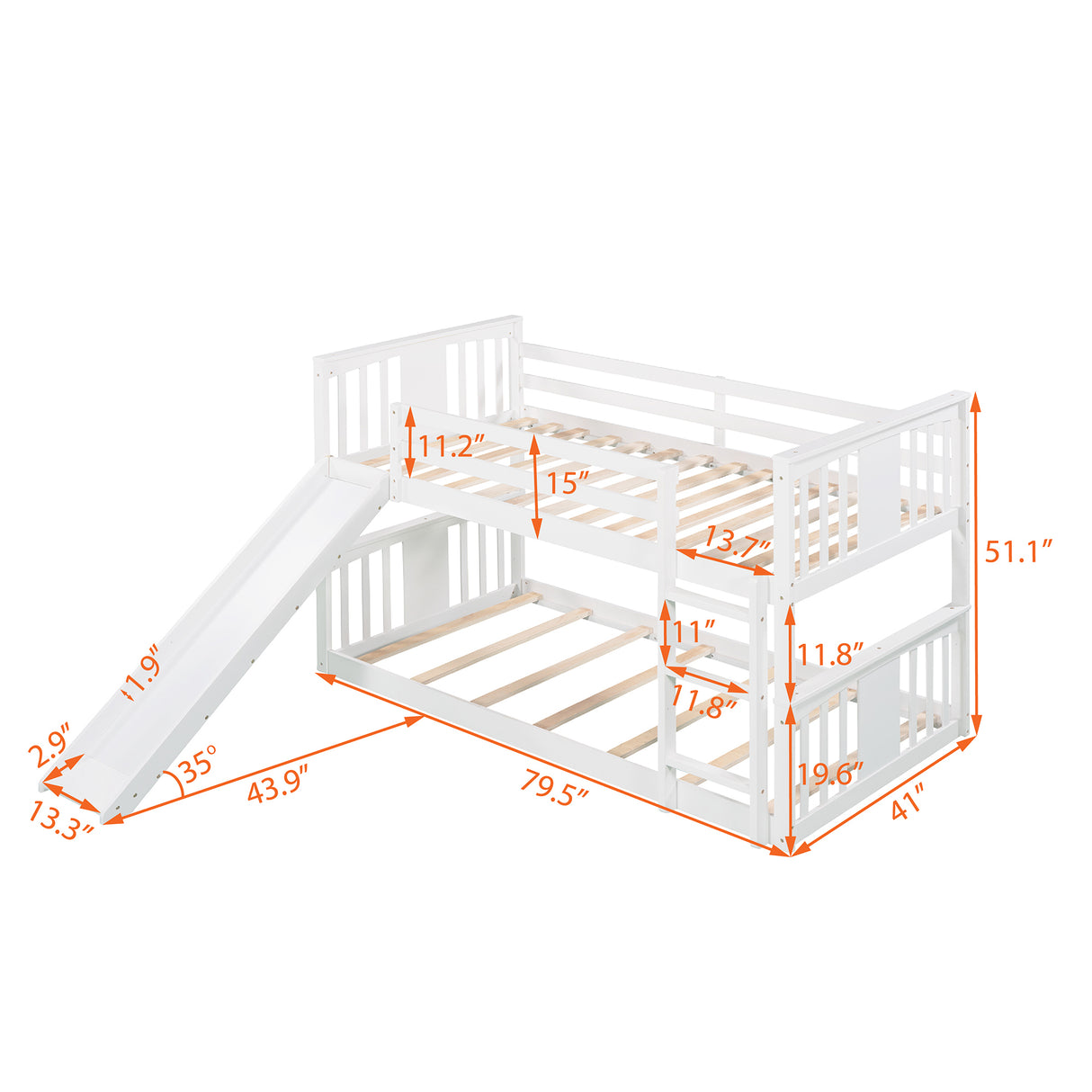 Twin Over Twin Bunk Bed with Slide and Ladder, White (Old SKU：LP000108AAK) - Home Elegance USA