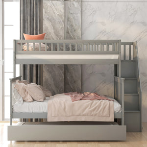 Twin over Full Bunk Bed with Trundle and Staircase,Gray - Home Elegance USA