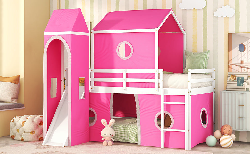 Twin Size Bunk Bed with Slide Pink Tent and Tower - Pink - Home Elegance USA