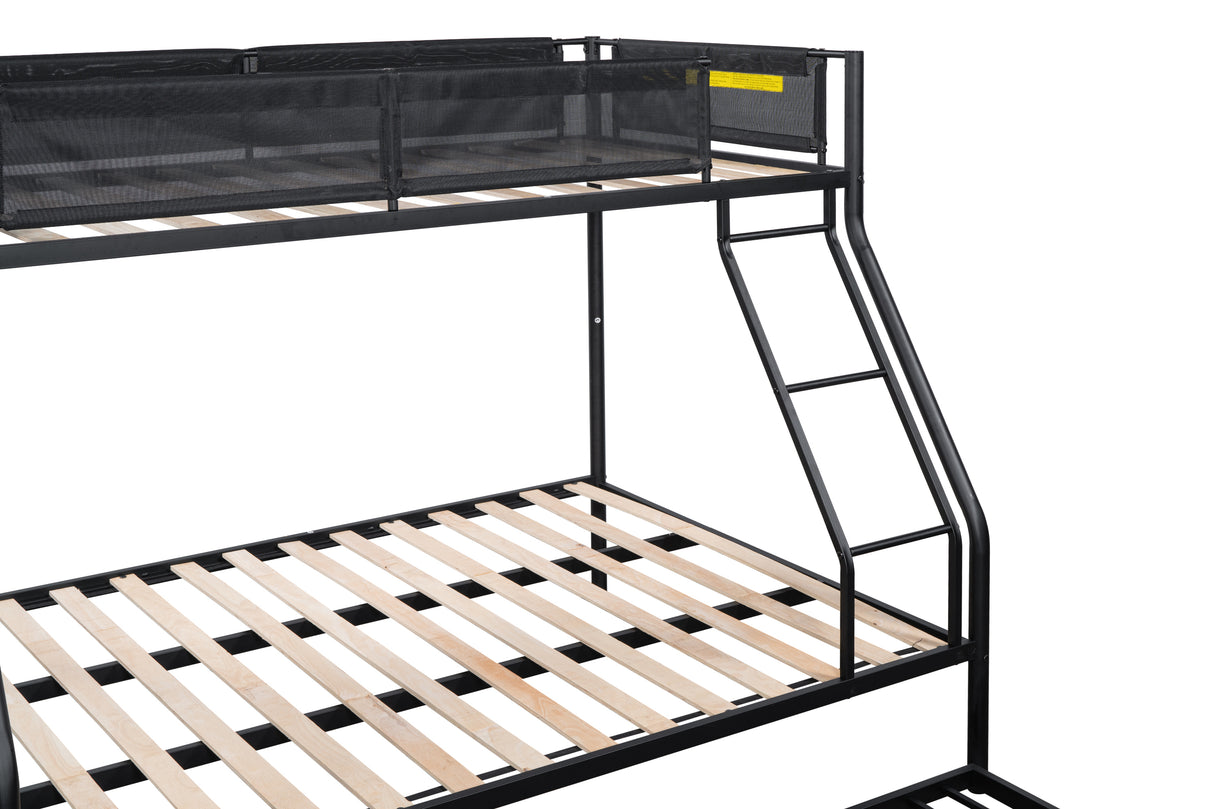 Twin over Full Metal Bunk Bed with Trundle (Wood Slat and Textilene Guardrail) - Home Elegance USA