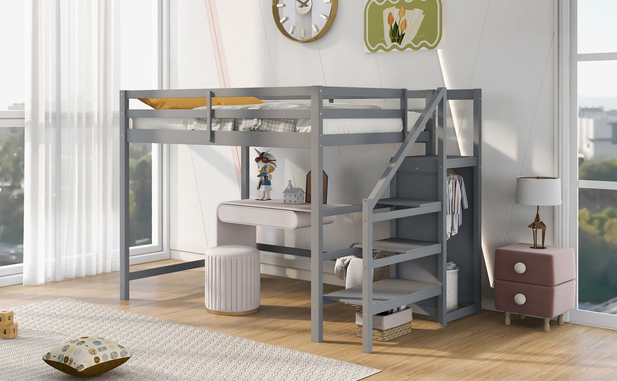 Full Size Loft Bed with Built-in Storage Wardrobe and Staircase,Gray - Home Elegance USA