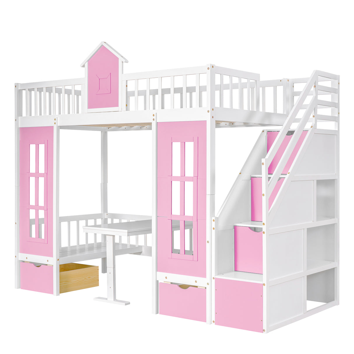 Twin-Over-Twin Bunk Bed with Changeable Table , Bunk Bed  Turn into Upper Bed and Down Desk with 2 Drawers - Pink - Home Elegance USA