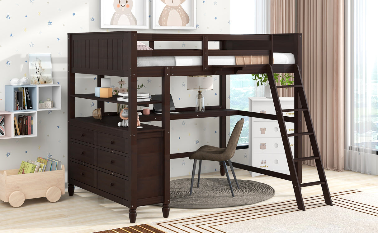 Full size Loft Bed with Drawers and Desk, Wooden Loft Bed with Shelves - Espresso(OLD SKU:LT000529AAP) Home Elegance USA