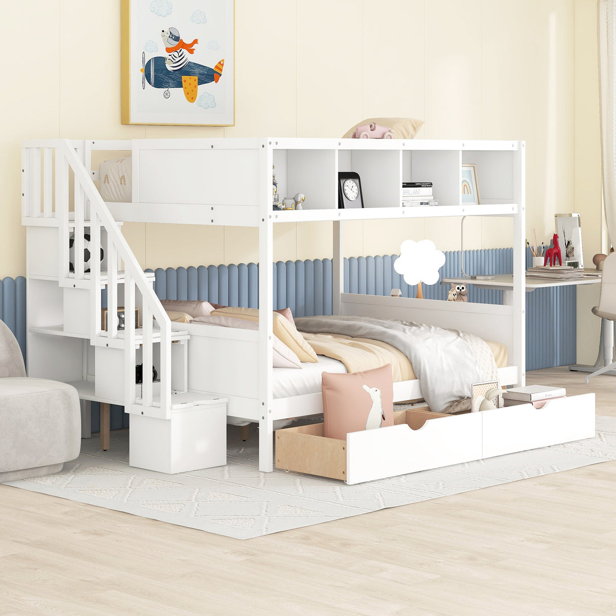 Twin over Full Bunk Bed with Shelfs, Storage Staircase and 2 Drawers, White - Home Elegance USA