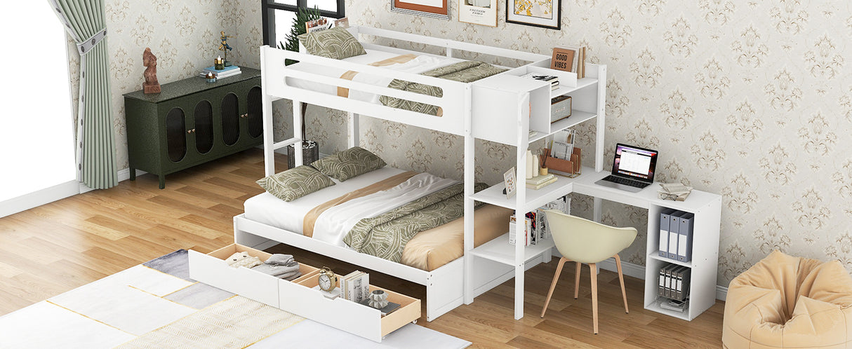 Wood Twin over Full Bunk Bed with Drawers, Shelves, Cabinets, L-shaped Desk and Magazine Holder, White - Home Elegance USA