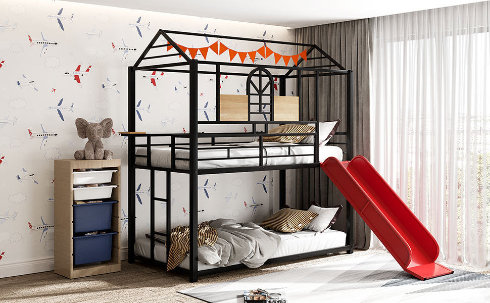 Twin Over Twin Metal Bunk Bed ,Metal Housebed With Slide,Three Colors Available.(Black with Red Slide)(OLD SKU :LP000095AAJ) - Home Elegance USA