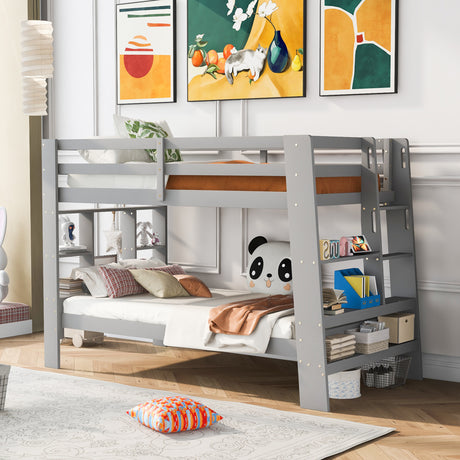 Twin over Twin Bunk Bed with Shelves and Built-in Ladder,  Gray (Expected Arrival Time:8.10) - Home Elegance USA