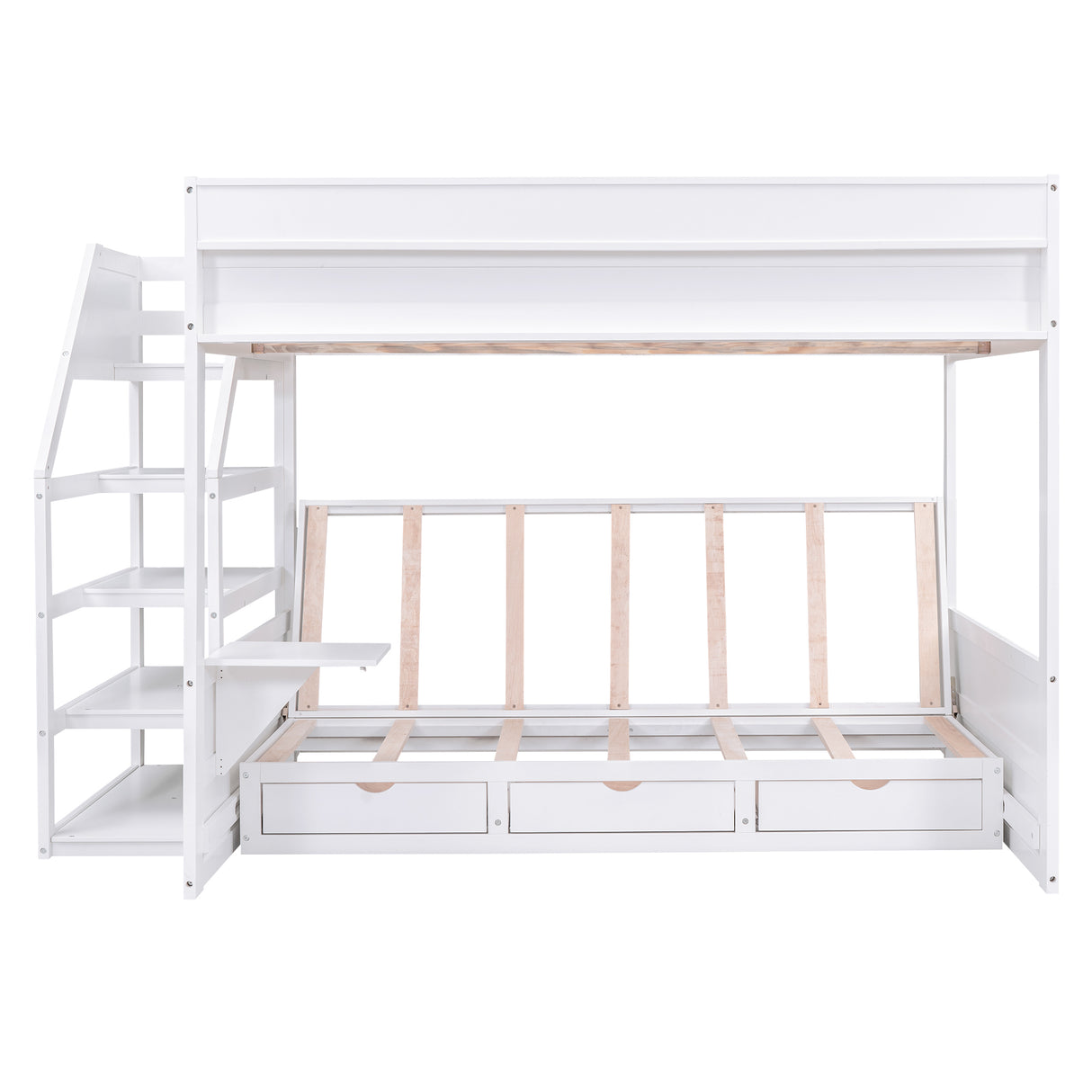 Wood Full Size Convertible Bunk Bed with Storage Staircase, Bedside Table, and 3 Drawers, White - Home Elegance USA