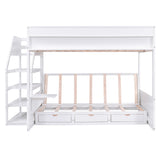 Wood Full Size Convertible Bunk Bed with Storage Staircase, Bedside Table, and 3 Drawers, White - Home Elegance USA