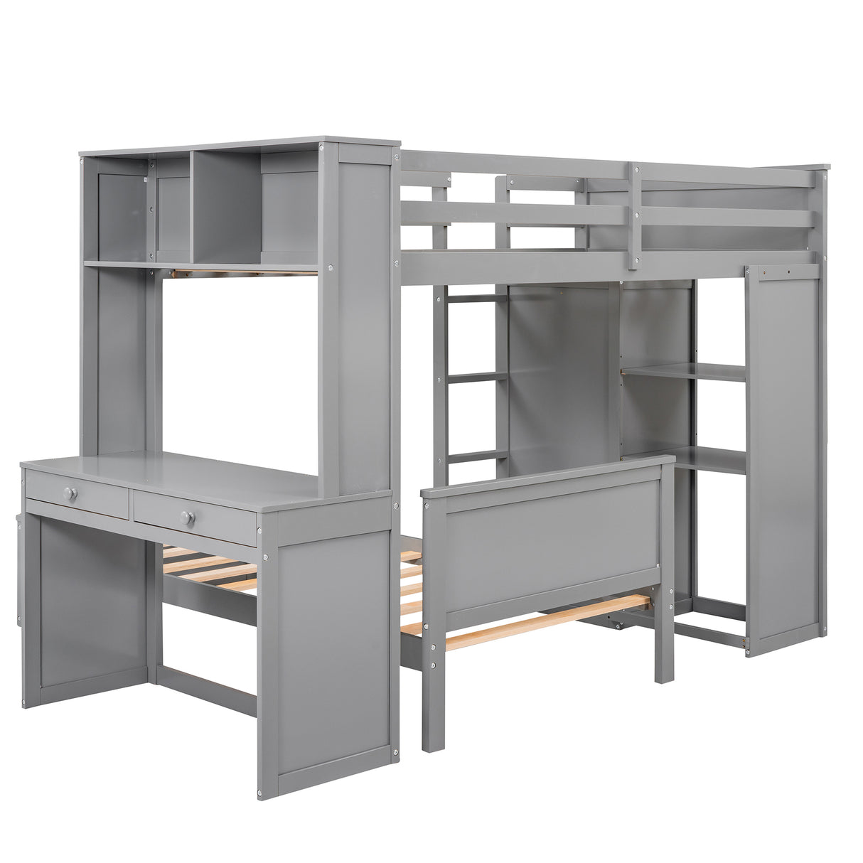 Twin size Loft Bed with a Stand-alone bed, Shelves,Desk,and Wardrobe-Gray - Home Elegance USA