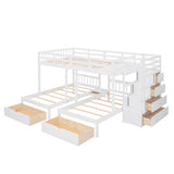 Full Over Twin & Twin Bunk Bed, Wood Triple Bunk Bed with Drawers and Guardrails (White) Home Elegance USA