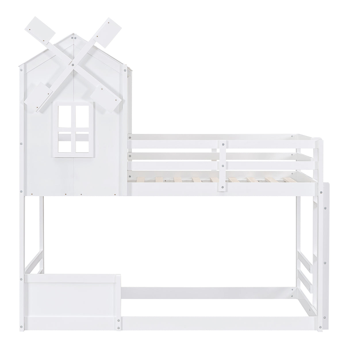 Twin over Twin Bunk Bed with Roof and Window, with Guardrails and Ladder, White - Home Elegance USA