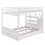 Wood Full Size Convertible Bunk Bed with Storage Staircase, Bedside Table, and 3 Drawers, White - Home Elegance USA