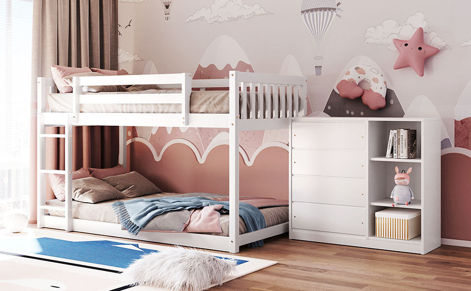 Twin over Twin Bunk Bed with 4 Drawers and 3 Shelves-White（OLD SKU: LP000067AAK） - Home Elegance USA