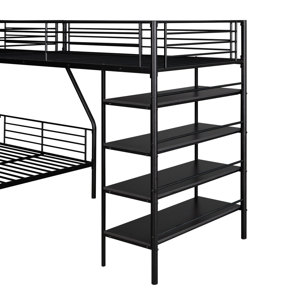 L-Shaped Metal Twin over Full Bunk Bed and Twin Size Loft Bed with Four Built-in Shelves,Black - Home Elegance USA