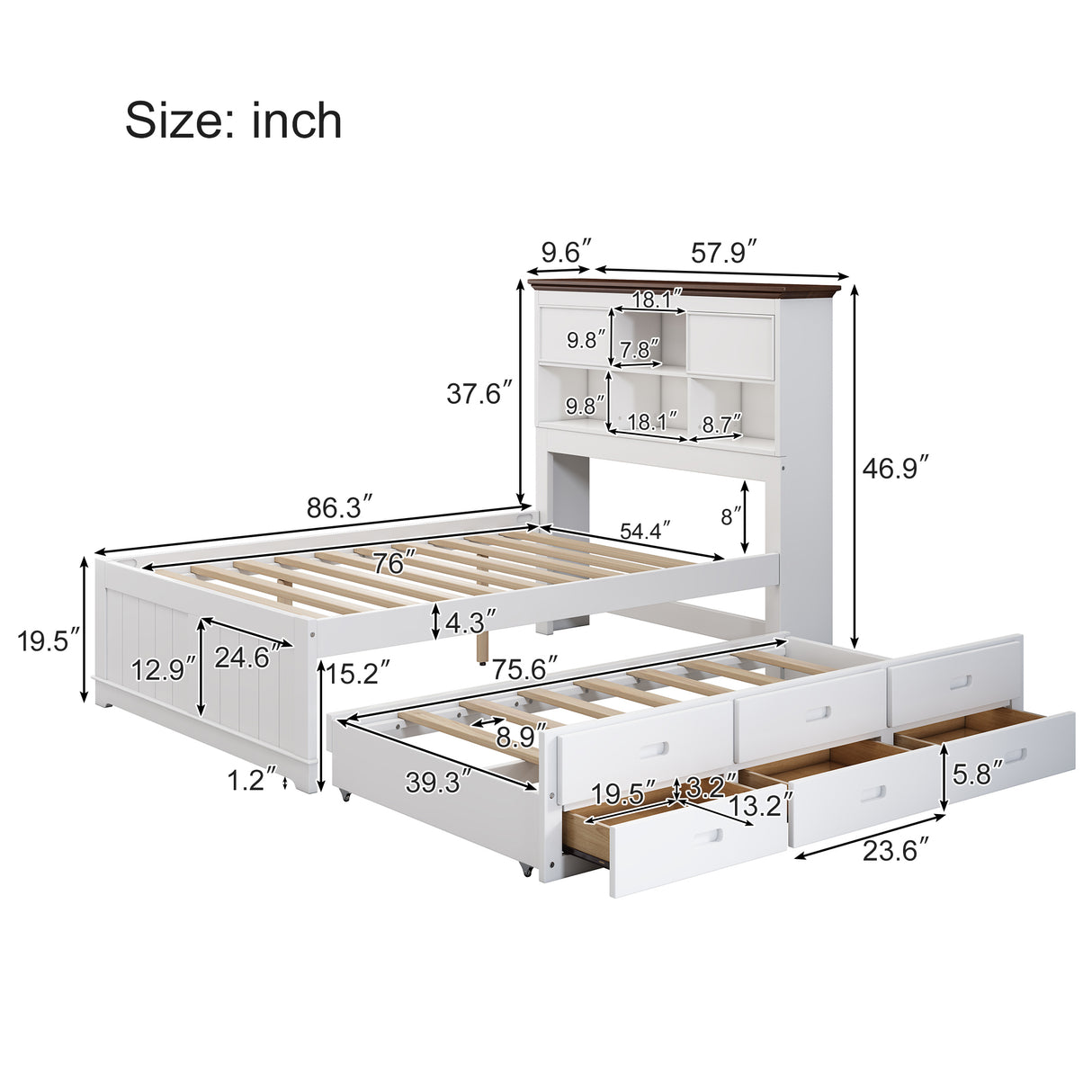 2 Pieces Wooden Captain Bedroom Set Full Bed with Trundle and Nightstand,White+Walnut - BS205271AAK - image - 25