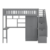 Twin size Loft Bed with Bookshelf,Drawers,Desk,and Wardrobe-Gray - Home Elegance USA