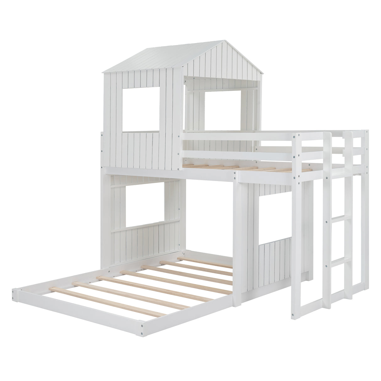 Wooden Twin Over Full Bunk Bed, Loft Bed with Playhouse, Farmhouse, Ladder and Guardrails, White( old sku: LT000027AAK ) - Home Elegance USA