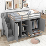 Functional Loft Bed with 3 Shelves, 2 Wardrobes and 2 Drawers,  Ladder with Storage, No Box Spring Needed, Gray - Home Elegance USA