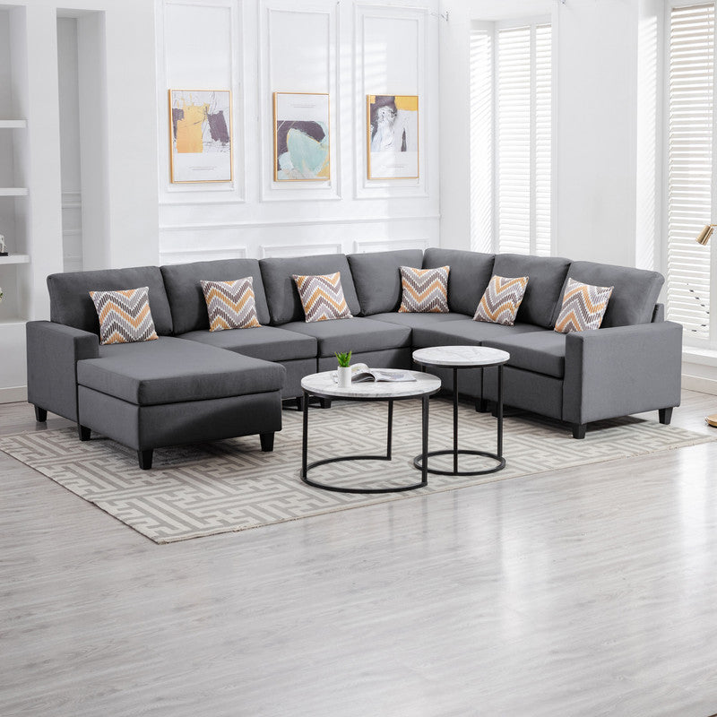 Nolan Gray Linen Fabric 6Pc Reversible Chaise Sectional Sofa with Pillows and Interchangeable Legs - Home Elegance USA