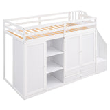 Functional Loft Bed with 3 Shelves, 2 Wardrobes and 2 Drawers,  Ladder with Storage, No Box Spring Needed, White - Home Elegance USA