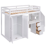 Twin Size Loft Bed with Wardrobe and Staircase, Desk and Storage Drawers and Cabinet in 1, White - Home Elegance USA