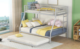 Twin over Full Bed with Sturdy Steel Frame, Bunk Bed with Twin Size Trundle, Two-Side Ladders, Silver