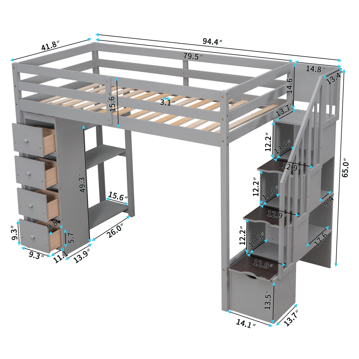 Twin size Loft Bed with Storage Drawers and Stairs, Wooden Loft Bed with Shelves - Gray - Home Elegance USA