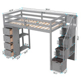 Twin size Loft Bed with Storage Drawers and Stairs, Wooden Loft Bed with Shelves - Gray - Home Elegance USA