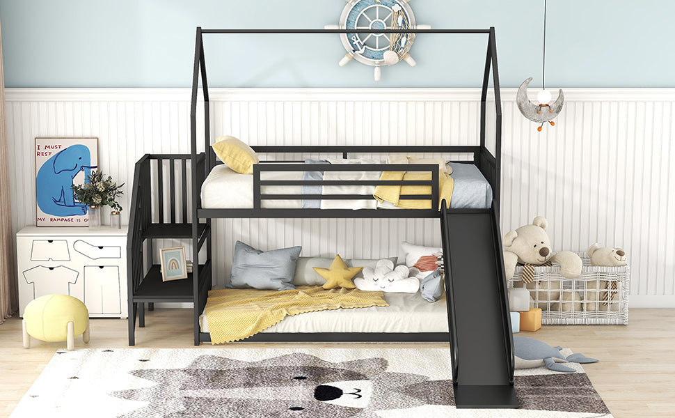 Twin Size Metal Bunk Bed House Bed with Slide and Staircase, Black