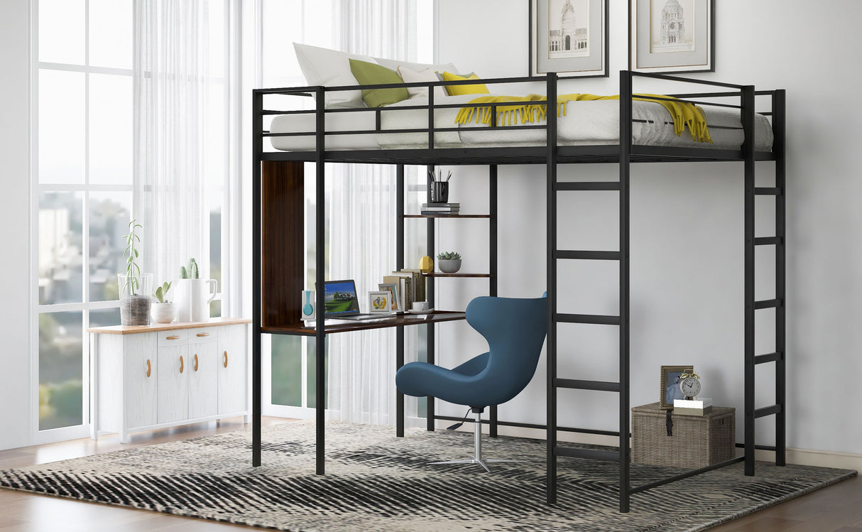 Full Size Metal Loft Bed with 2 Shelves and one Desk ,Black (Old SKU: LP000191AAB )