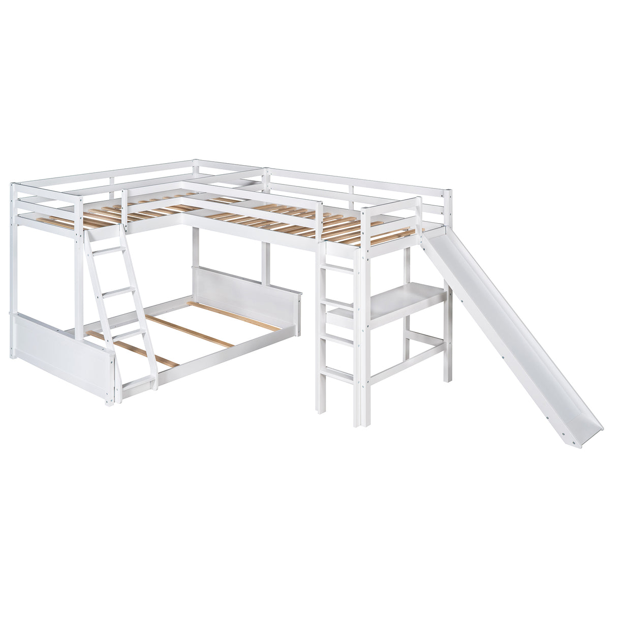 Twin over Full Bunk Bed with Twin Size Loft Bed with Desk and Slide,Full-Length Guardrail, White - Home Elegance USA