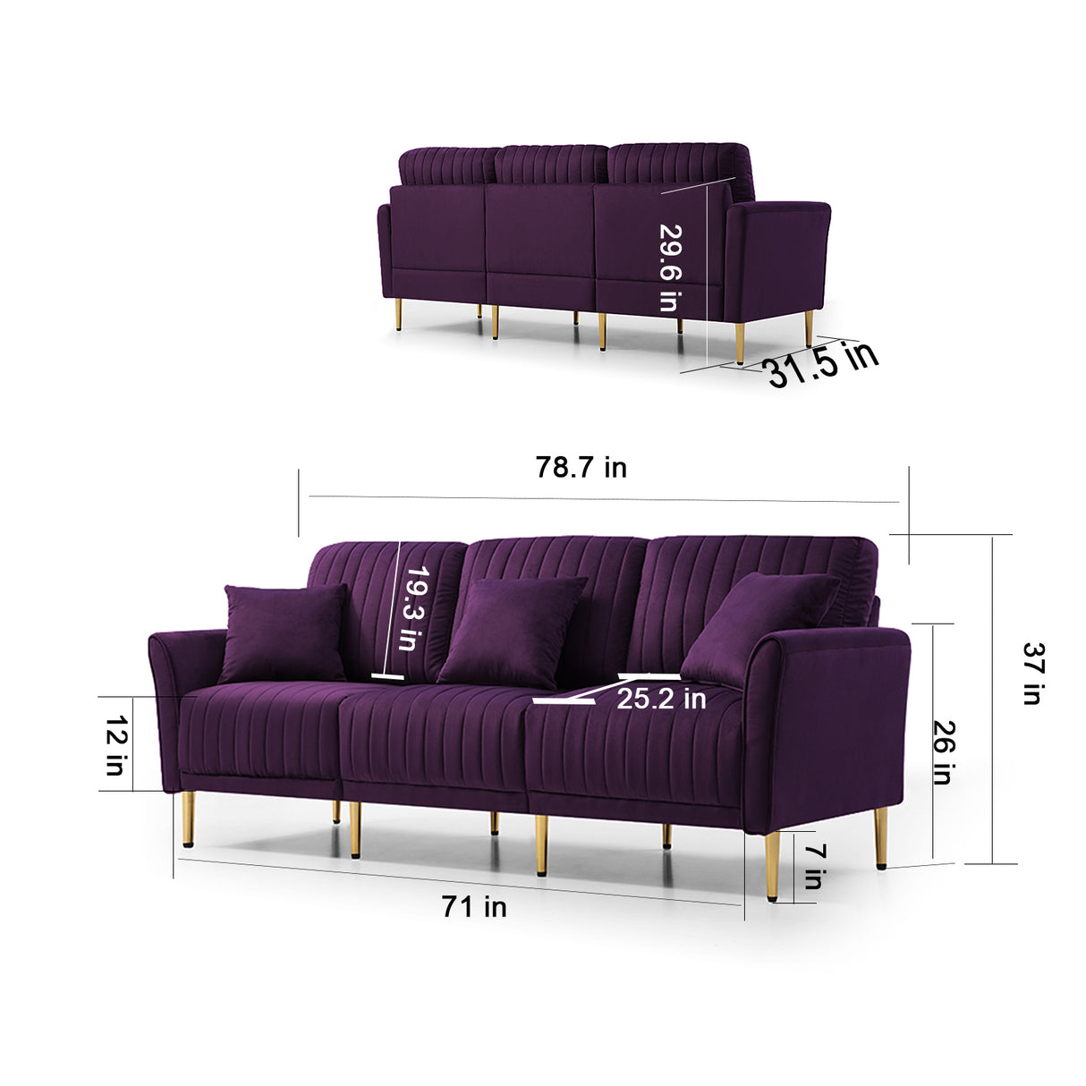 Living Room Sofa Velvet Upholstered Couch Furniture for Home or Office 3-Seat,Purple Home Elegance USA